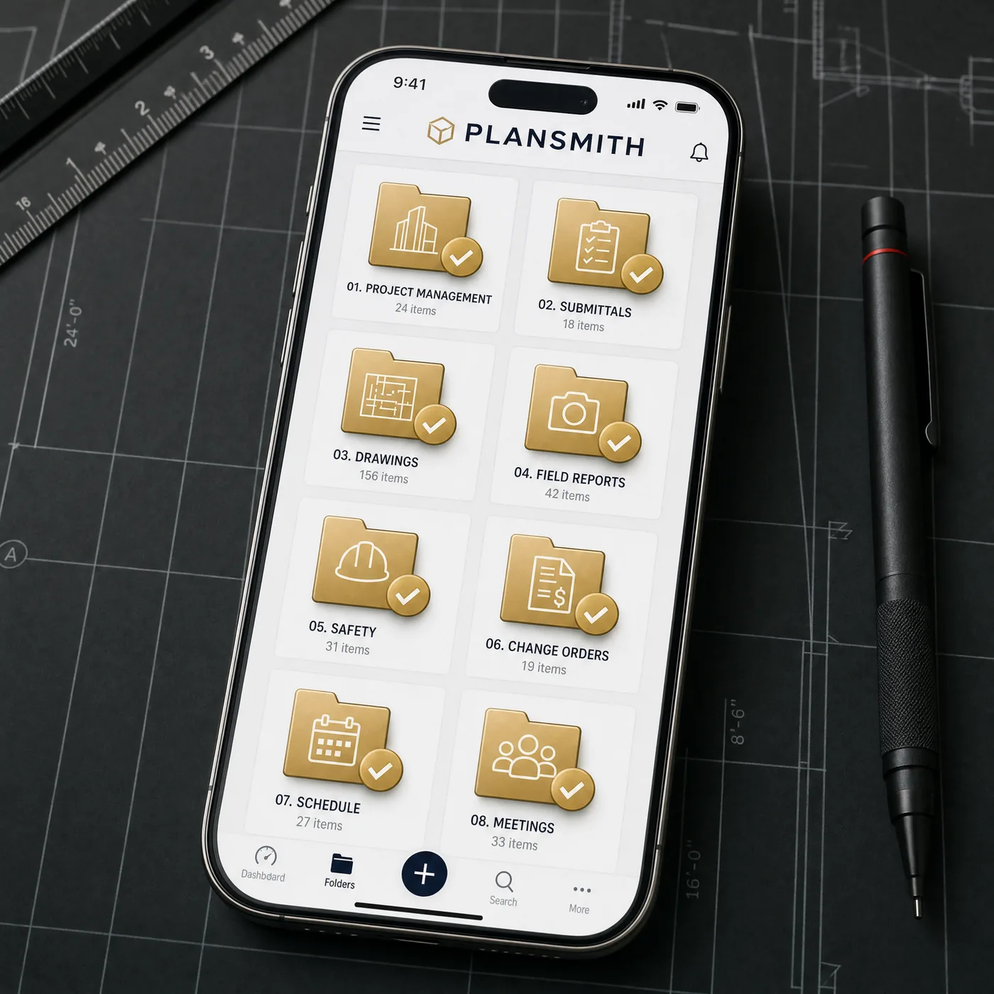 Concept render of the Plansmith mobile app organizing a project's drawings and documents.