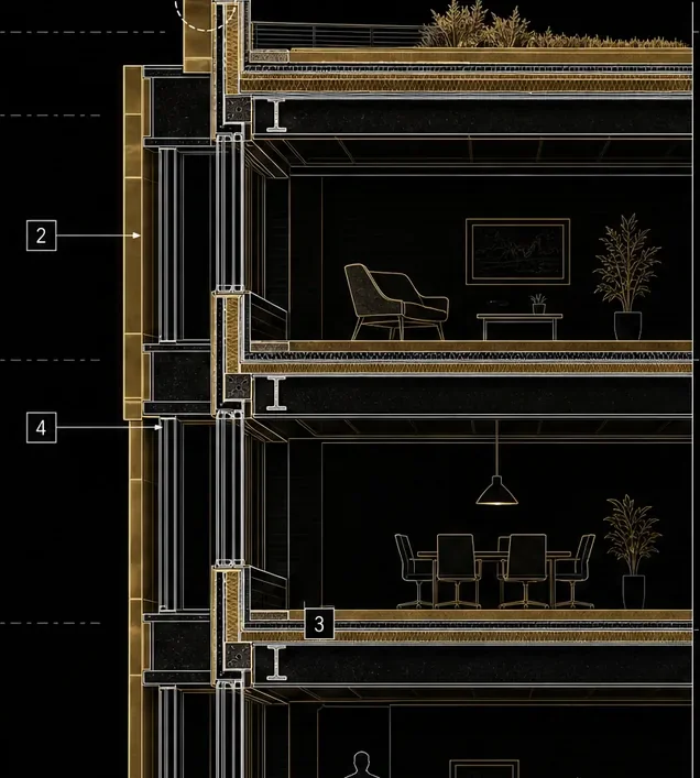Concept illustration of a building section in gold linework — floors, enclosure and keynote call-outs.