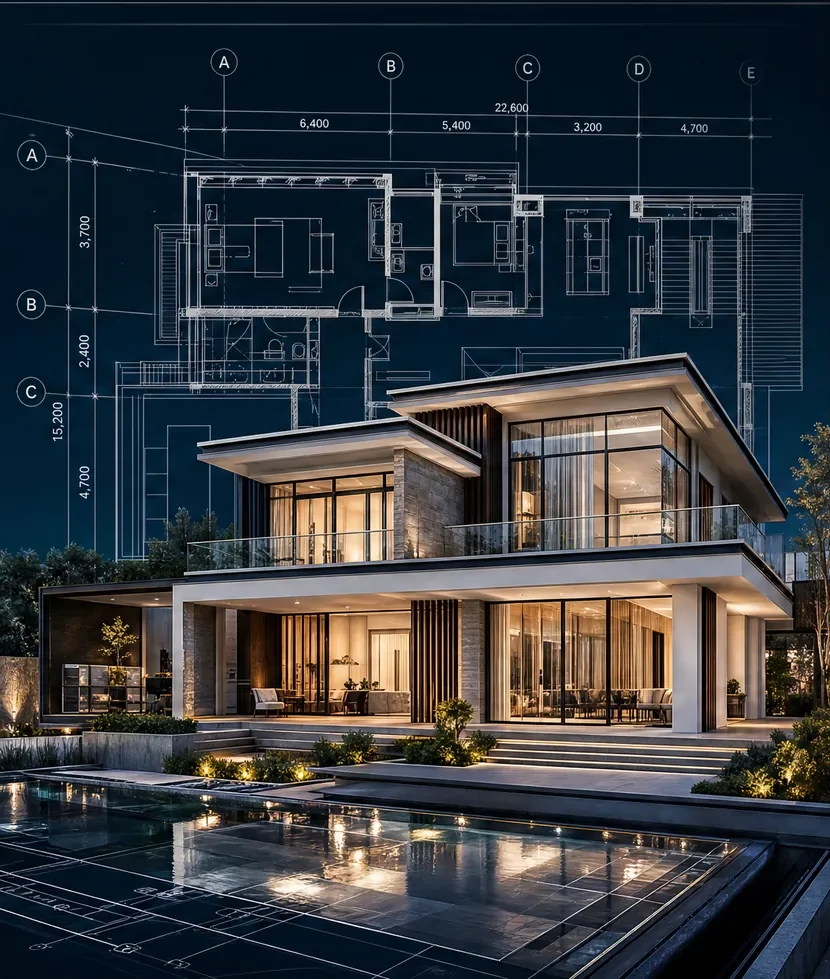 Concept render of a residence at dusk overlaid with its blueprint and dimension lines.