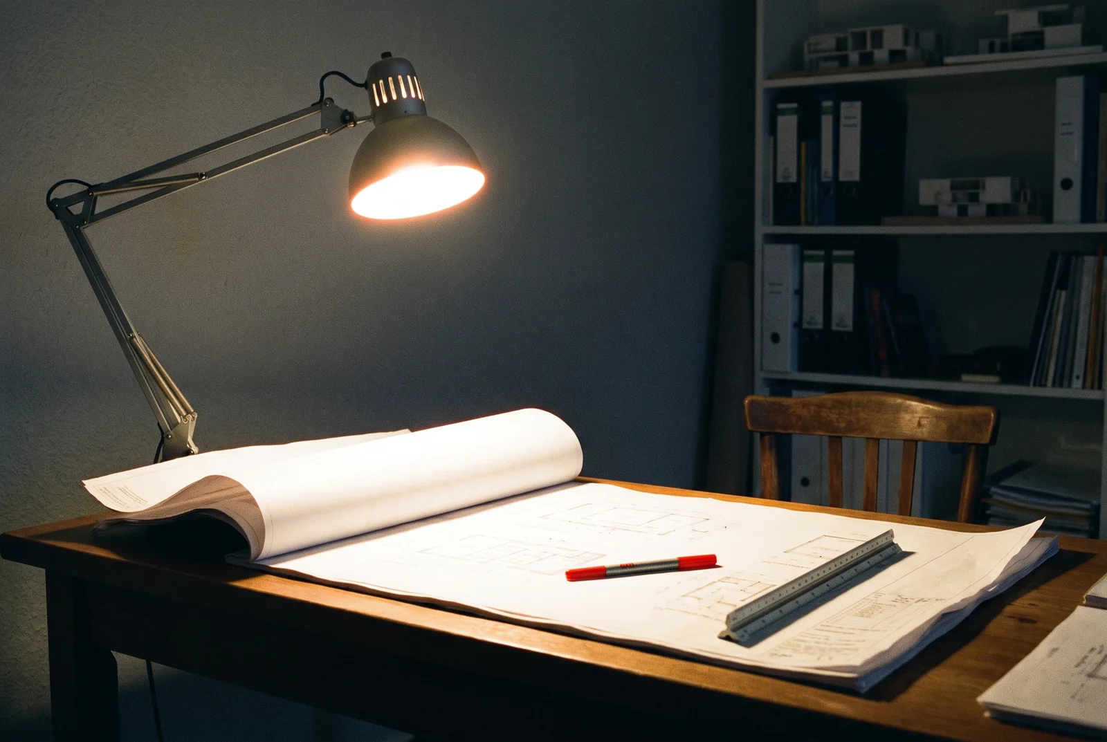 An architect&rsquo;s desk at night: a drawing set open under a task lamp with a red pen resting across the sheet.