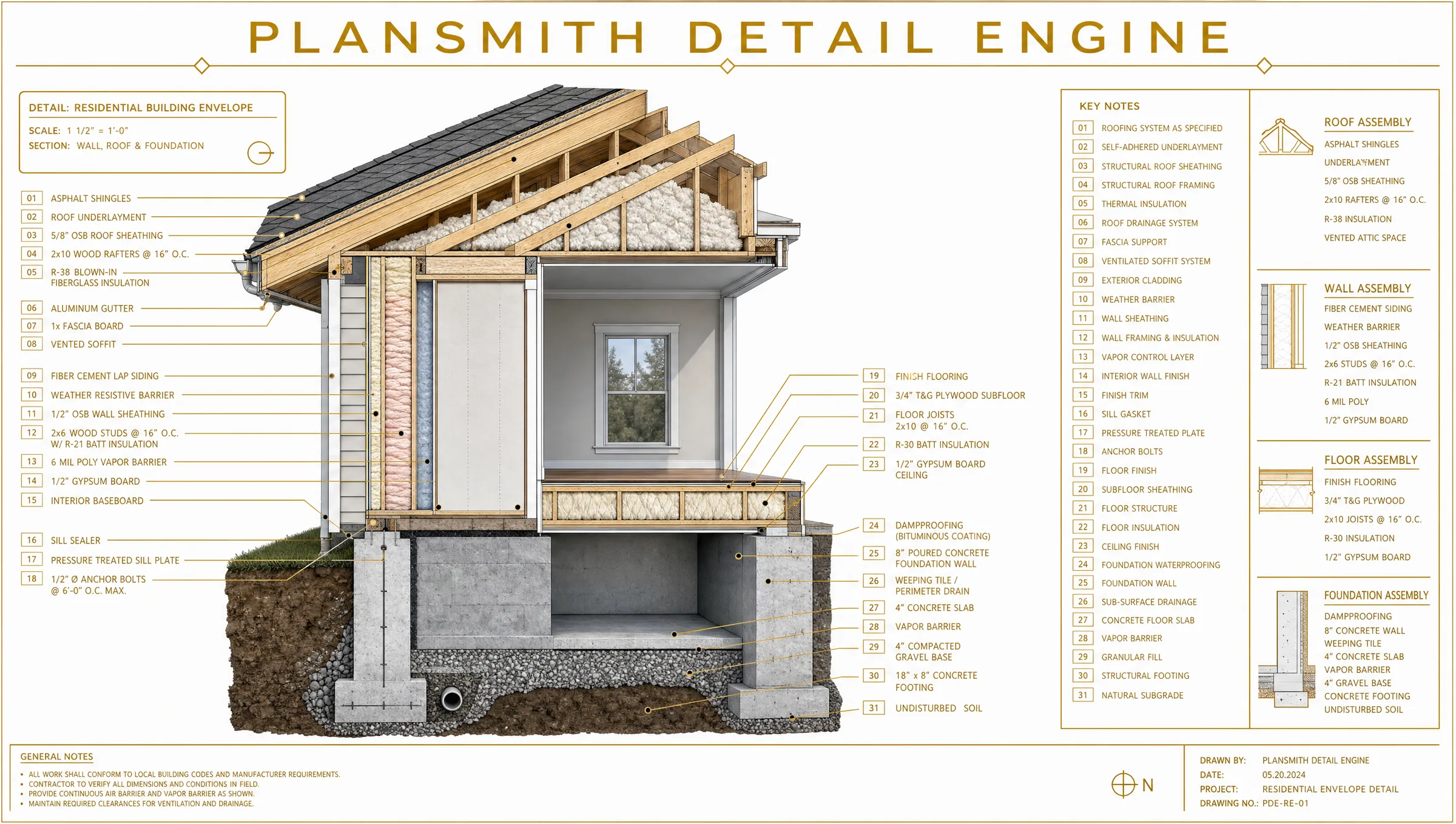 Concept drawing of a residential building envelope — roof, wall and foundation section with numbered keynotes and assembly call-outs.