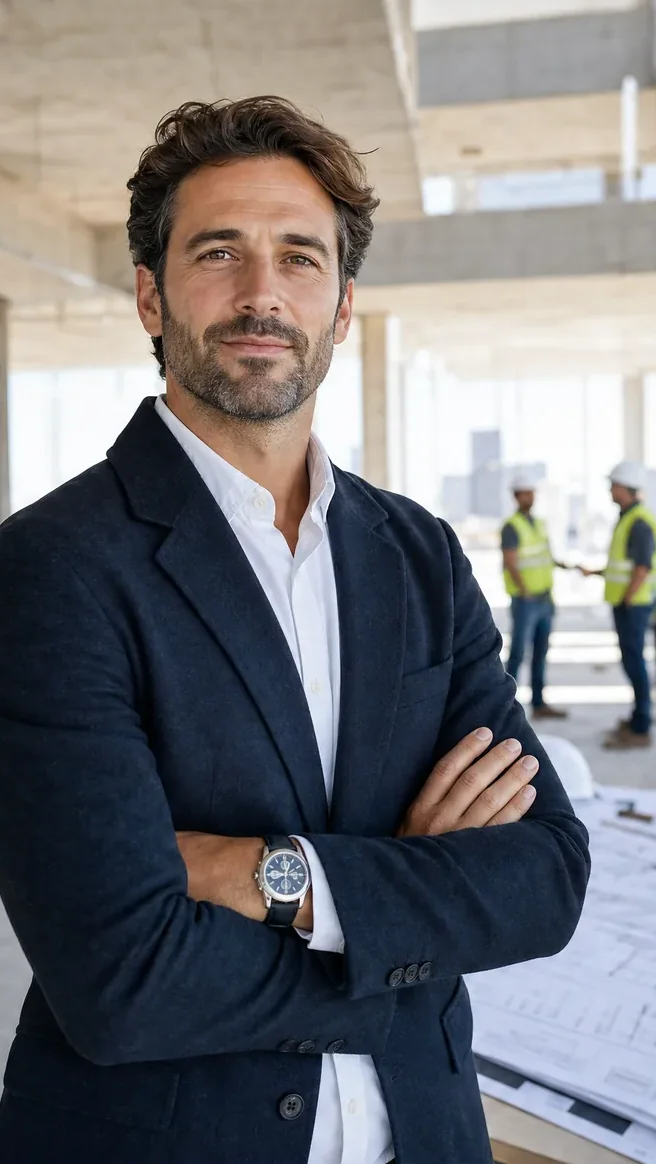 An architect standing on an active construction site with drawings spread on the table behind him.