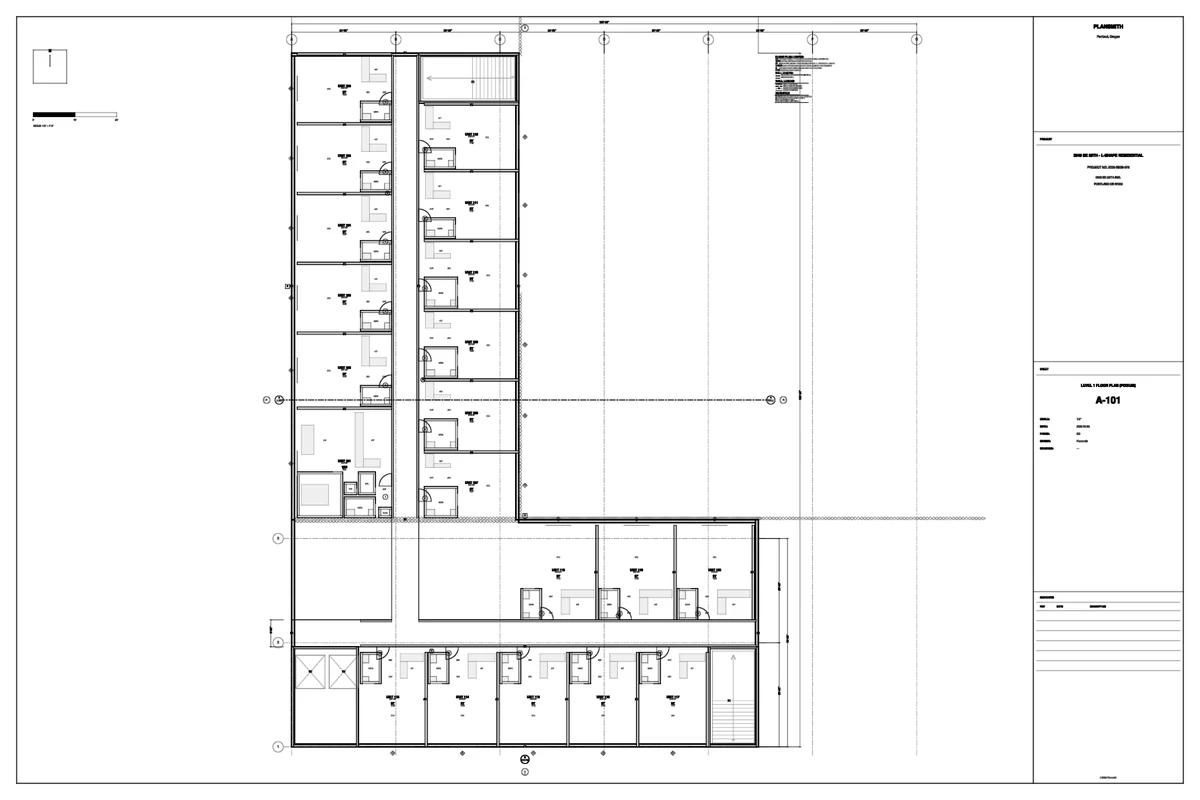 A rendered floor plan sheet with grid bubbles, dimension strings, unit tags and a Plansmith title block.