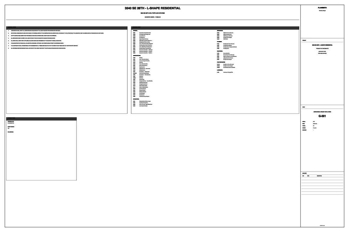 Sheet G-001, Cover and index, rendered by the Plansmith engine for 3540 SE 28th Avenue.
