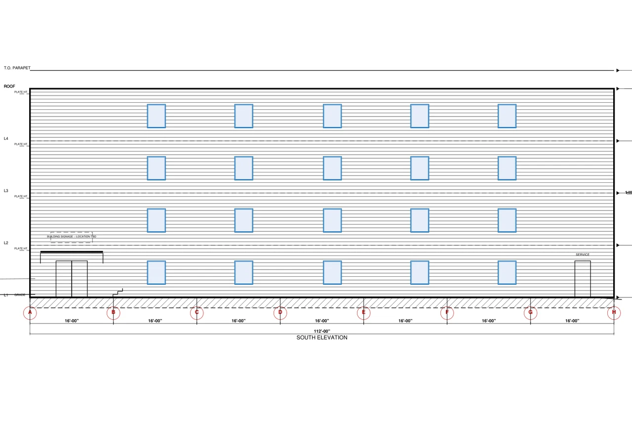 Detail from sheet A-200 — the south elevation with siding hatch, window openings, grid bubbles and dimension strings.