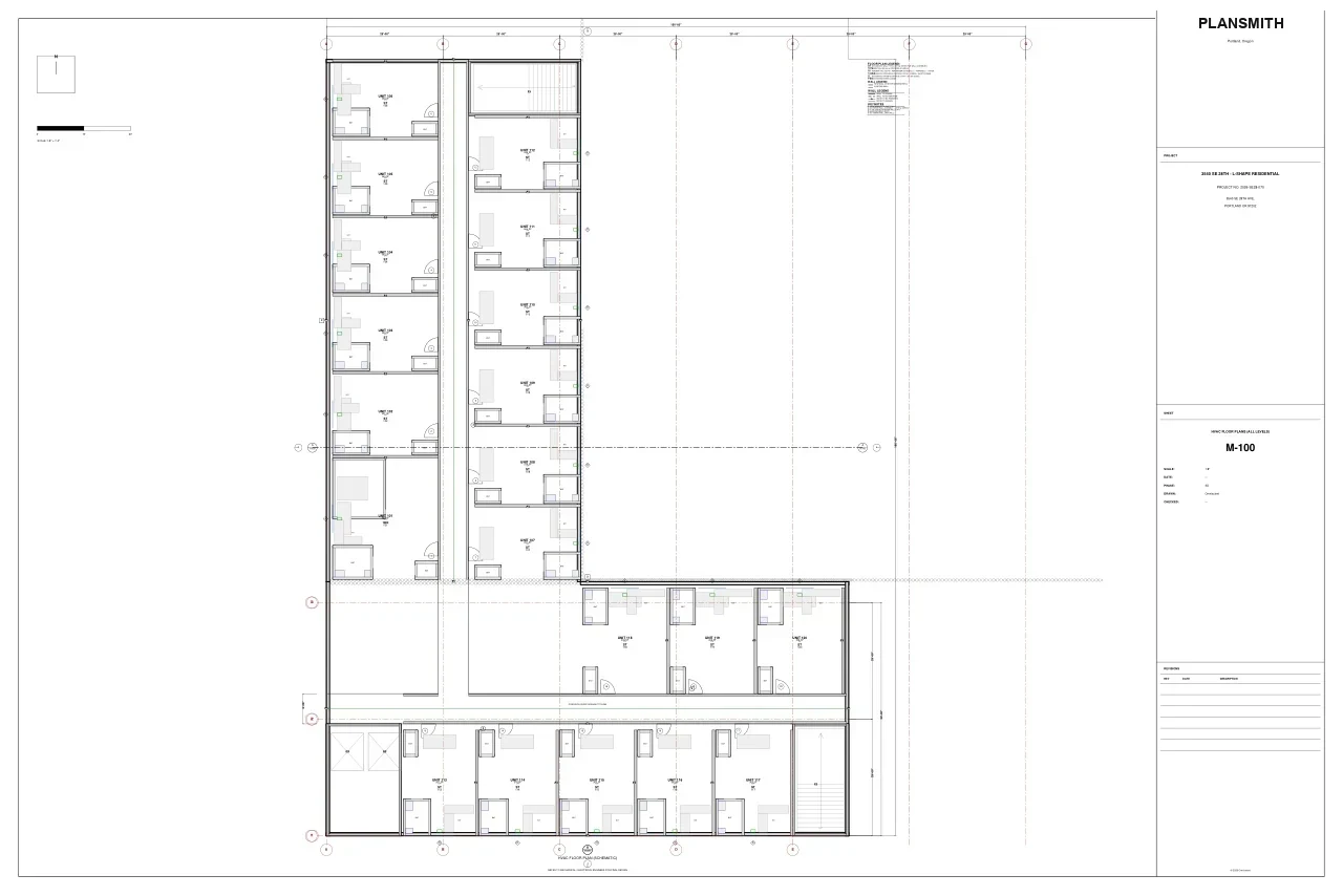Sheet M-100 — HVAC floor plans, all levels, with equipment locations.