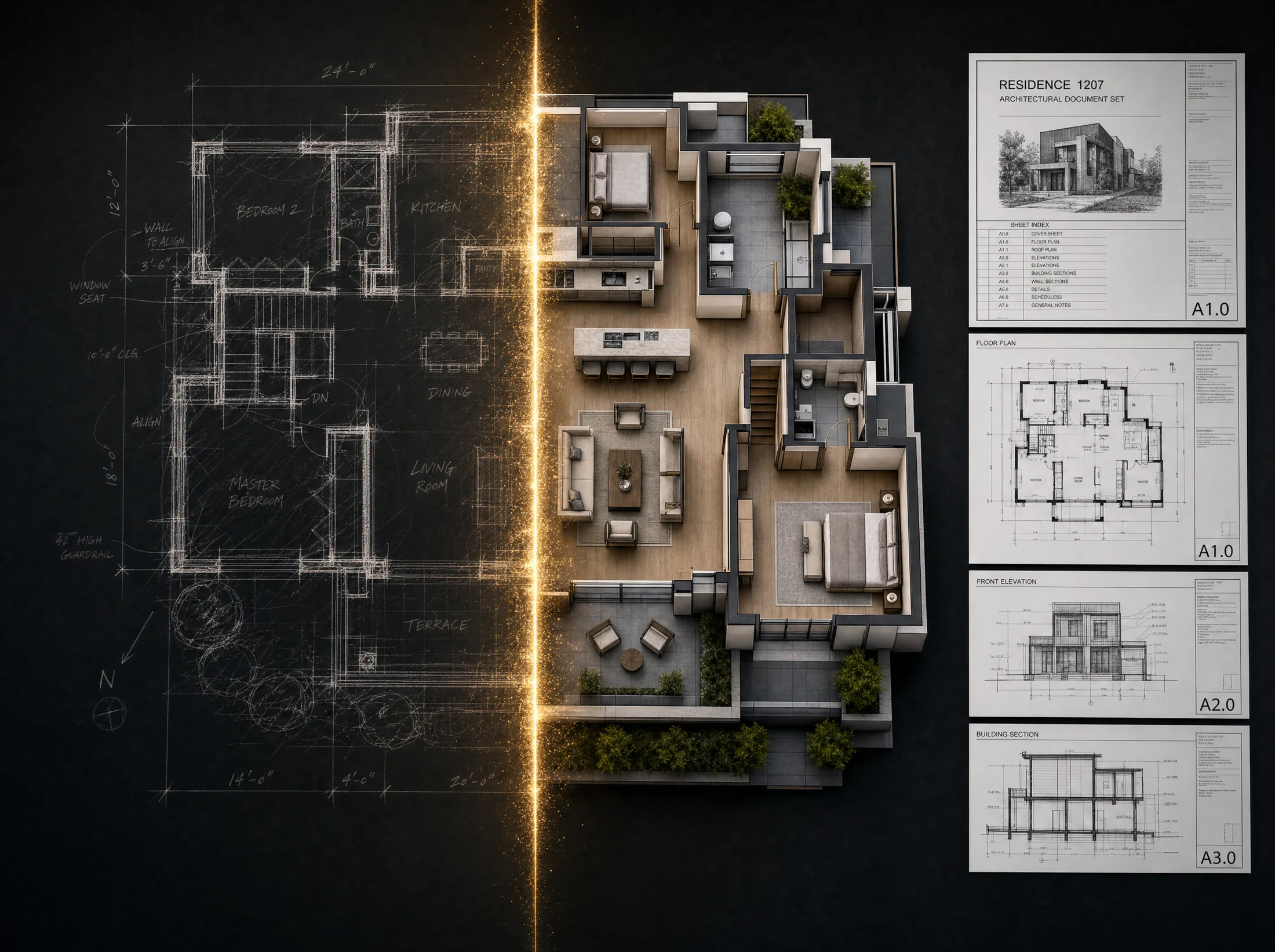 A loose concept sketch resolving across a gold seam into a fully rendered residence, beside an architectural sheet set.
