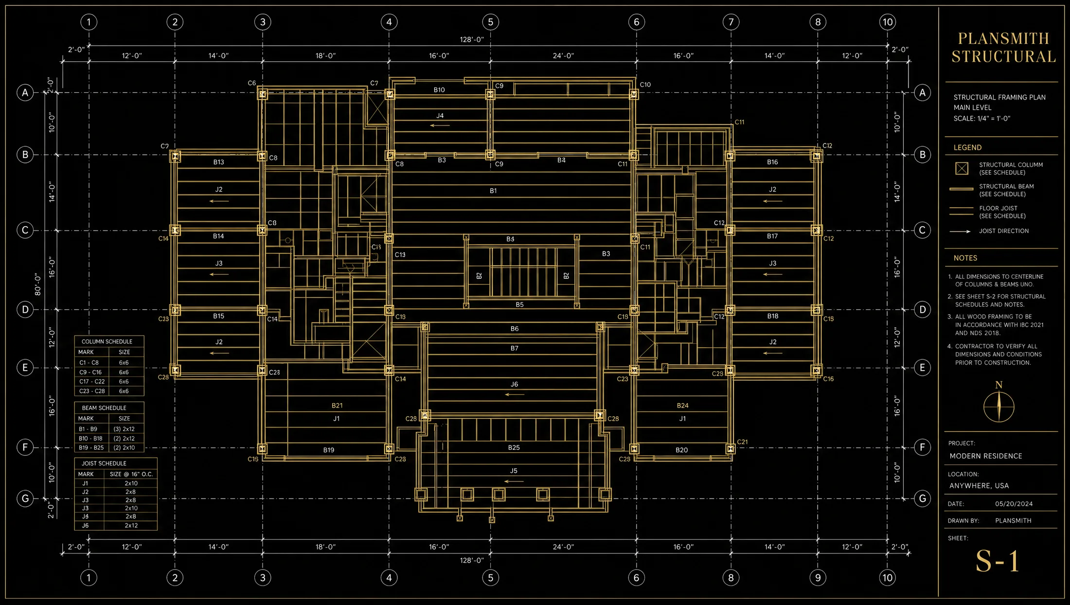 Stylized illustration of a structural framing plan, sheet S-1, with column, beam and joist schedules.